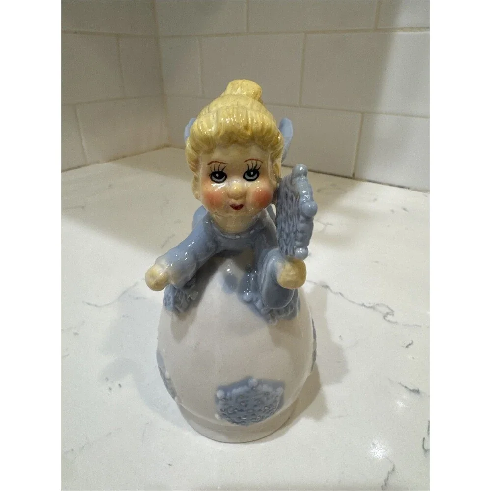 Ceramic Angel Bell with Blue Dress And Snowflakes Vtg Angels 5.25”